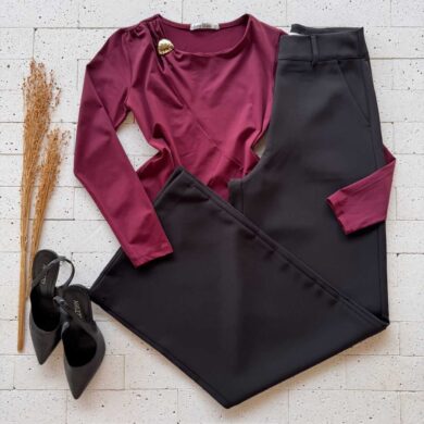 Dondoca_com_br Blusa Manga Longa Com Abertura E Fivela No Ombro Vinho