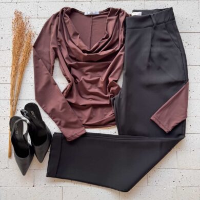 Dondoca_com_br Blusa Manga Longa Decote Degage Cafe