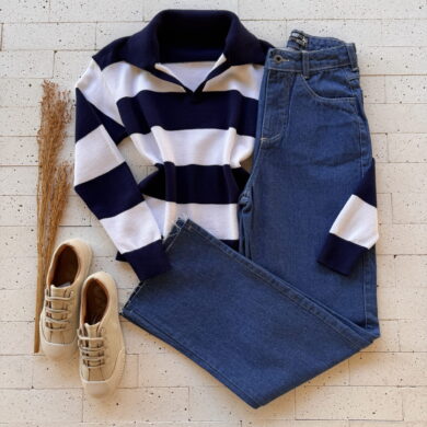 Dondoca_com_br Blusa Trico Modal Listrada Com Gola Marinho