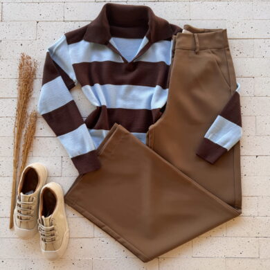 Dondoca_com_br Blusa Trico Modal Listrada Com Gola Marrom E Azul
