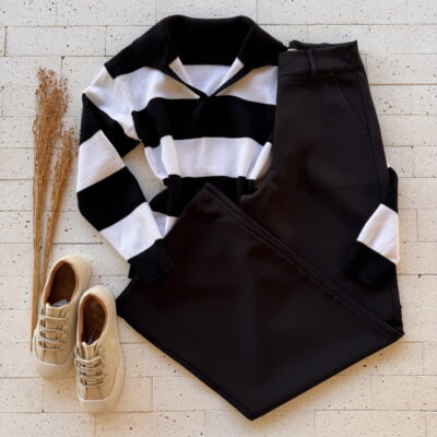 Dondoca_com_br Blusa Trico Modal Listrada Com Gola Preta