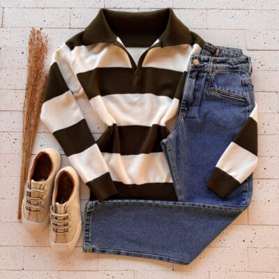 Dondoca_com_br Blusa Trico Modal Listrada Com Gola Verde Oliva