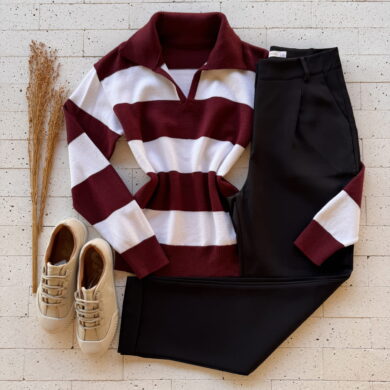 Dondoca_com_br Blusa Trico Modal Listrada Com Gola Vinho