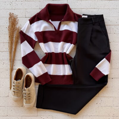 Dondoca_com_br Blusa Trico Modal Listrada Com Gola Vinho
