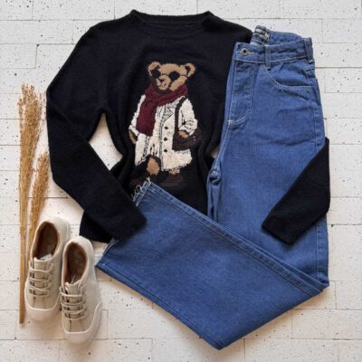 Dondoca_com_br Blusa Trico Mousse Urso Teddy Preto