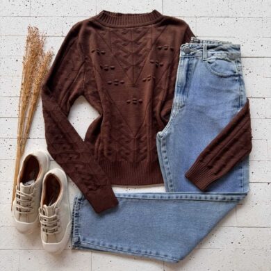 Dondoca_com_br Blusa Trico Zigzag Detalhe Bolhas Cafe