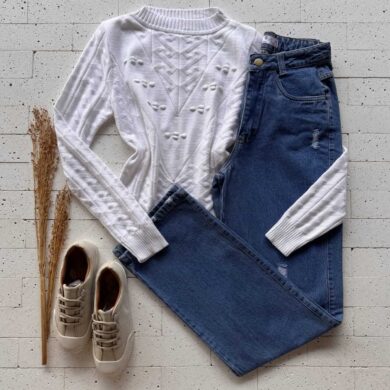 Dondoca_com_br Blusa Trico Zigzag Detalhe Bolhas Off