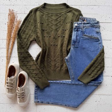 Dondoca_com_br Blusa Trico Zigzag Detalhe Bolhas Verde Oliva