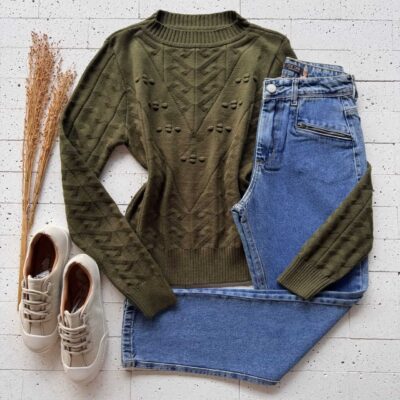 Dondoca_com_br Blusa Trico Zigzag Detalhe Bolhas Verde Oliva