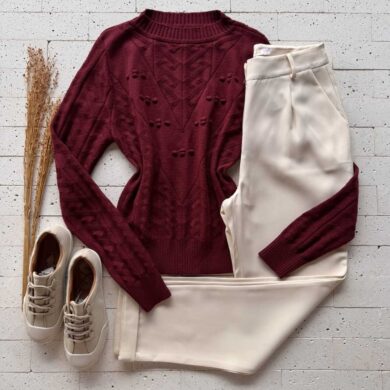 Dondoca_com_br Blusa Trico Zigzag Detalhe Bolhas Vinho
