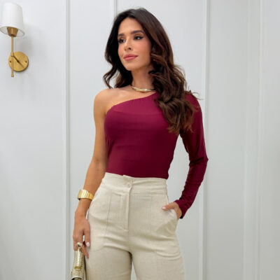 Dondoca_com_br Blusa Um Ombro So Manga Longa Vinho