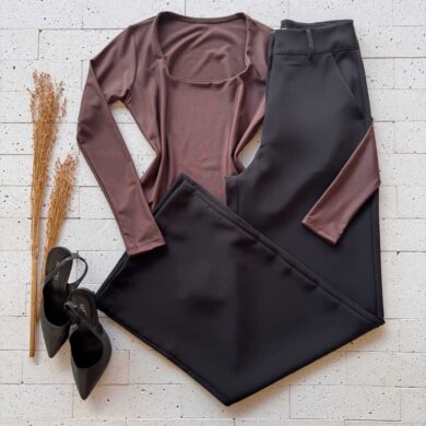 Dondoca_com_br Body Manga Longa Decote Quadrado Marrom