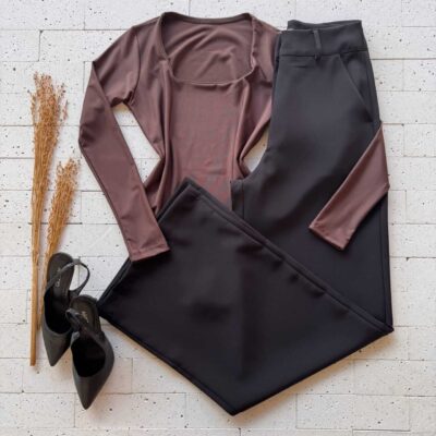 Dondoca_com_br Body Manga Longa Decote Quadrado Marrom