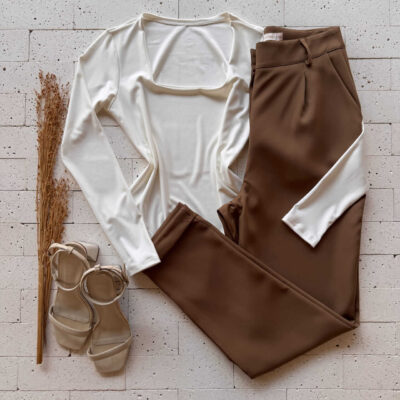 Dondoca_com_br Body Manga Longa Decote Quadrado Off