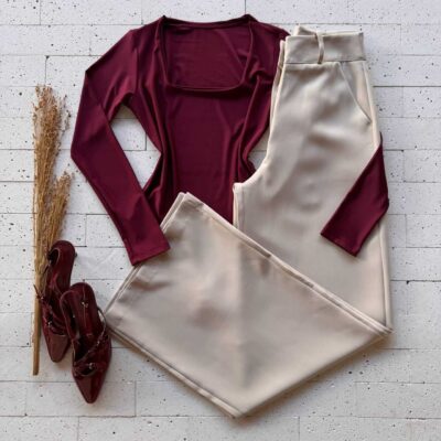 Dondoca_com_br Body Manga Longa Decote Quadrado Vinho