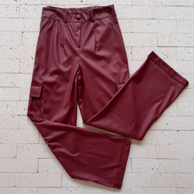 Dondoca_com_br Calca Cargo De Couro Sintetico Wide Leg Marsala