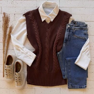 Dondoca_com_br Colete Trico Alongado Detalhe Trama Marrom