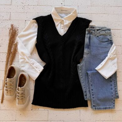 Dondoca_com_br Colete Trico Alongado Detalhe Trama Preto