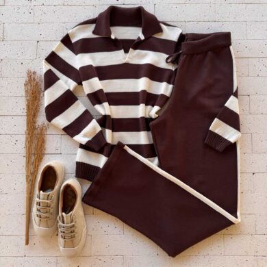 Dondoca_com_br Conjunto Trico Listrado Blusa Golinha E Calca Cafe