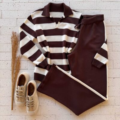 Dondoca_com_br Conjunto Trico Listrado Blusa Golinha E Calca Cafe