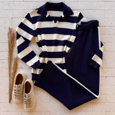 Dondoca_com_br Conjunto Trico Listrado Blusa Golinha E Calca Marinho