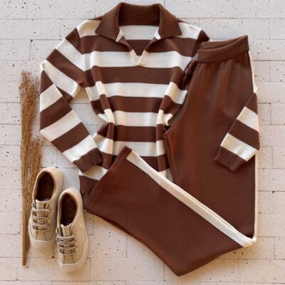 Dondoca_com_br Conjunto Trico Listrado Blusa Golinha E Calca Marrom