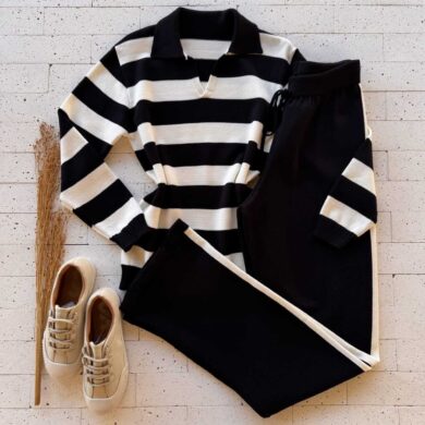 Dondoca_com_br Conjunto Trico Listrado Blusa Golinha E Calca Preto