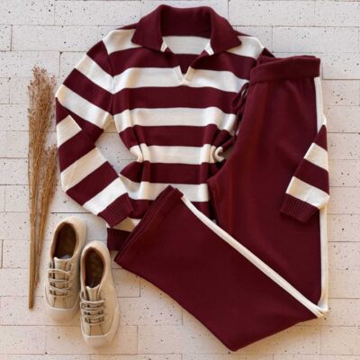 Dondoca_com_br Conjunto Trico Listrado Blusa Golinha E Calca Vinho