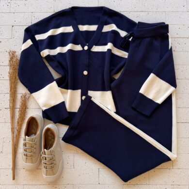 Dondoca_com_br Conjunto Trico Listrado Cardigan E Calca Pantalona Marinho