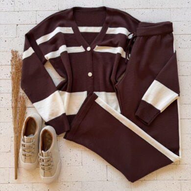 Dondoca_com_br Conjunto Trico Listrado Cardigan E Calca Pantalona Marrom