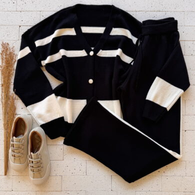 Dondoca_com_br Conjunto Trico Listrado Cardigan E Calca Pantalona Preto