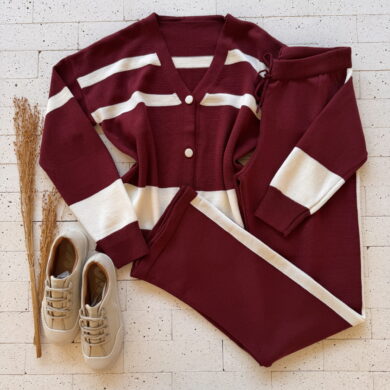 Dondoca_com_br Conjunto Trico Listrado Cardigan E Calca Pantalona Vinho