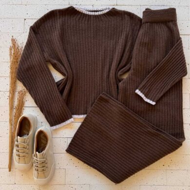 Dondoca_com_br Conjunto Trico Mousse Cropped Com Listra E Pantalona Marrom