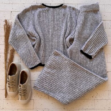 Dondoca_com_br Conjunto Trico Mousse Cropped Com Listra E Pantalona Mescla