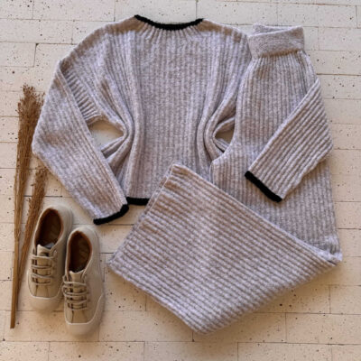 Dondoca_com_br Conjunto Trico Mousse Cropped Com Listra E Pantalona Off