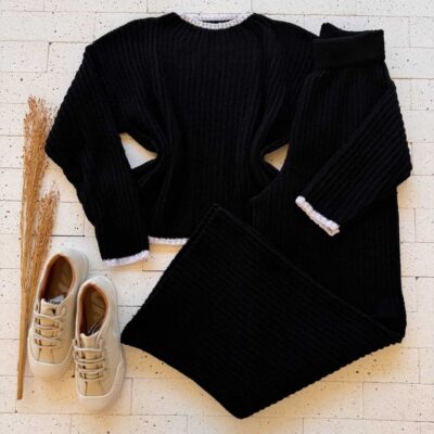 Dondoca_com_br Conjunto Trico Mousse Cropped Com Listra E Pantalona Preto