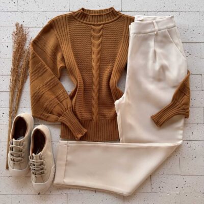 Dondoca_com_br Cropped Trico Alongado Manga Oversized Com Trama Frontal Caramelo