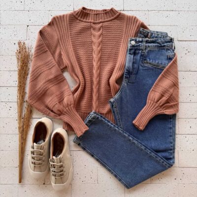 Dondoca_com_br Cropped Trico Alongado Manga Oversized Com Trama Frontal Nude