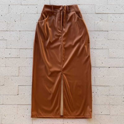 Dondoca_com_br Saia Midi De Couro Sintetico Com Fenda Caramelo