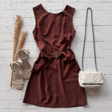 Dondoca_com_br Vestido Detalhe Drapeado Com Fivela Na Cintura Cafe