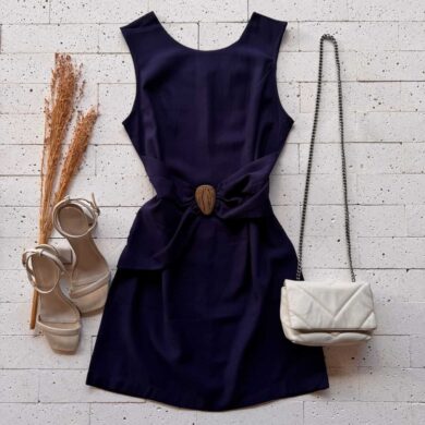 Dondoca_com_br Vestido Detalhe Drapeado Com Fivela Na Cintura Marinho