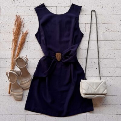 Dondoca_com_br Vestido Detalhe Drapeado Com Fivela Na Cintura Marinho