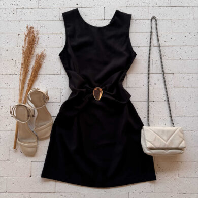 Dondoca_com_br Vestido Detalhe Drapeado Com Fivela Na Cintura Preto