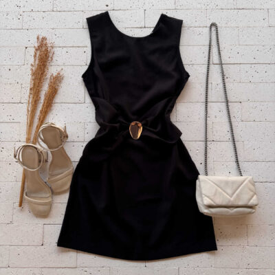 Dondoca_com_br Vestido Detalhe Drapeado Com Fivela Na Cintura Preto