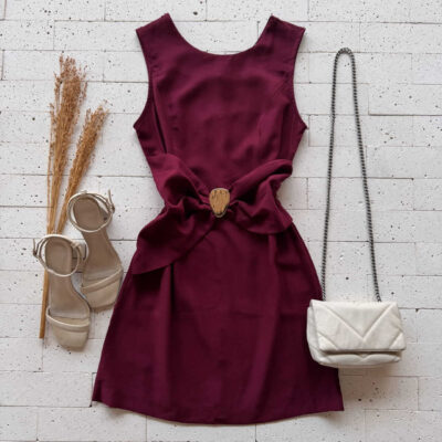 Dondoca_com_br Vestido Detalhe Drapeado Com Fivela Na Cintura Vinho