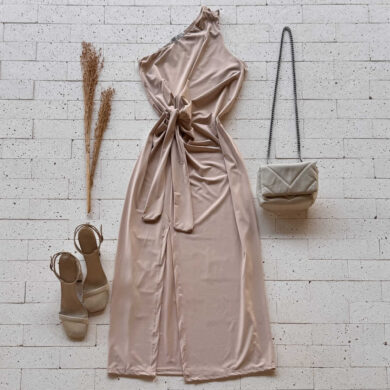 Dondoca_com_br Vestido Midi Um Ombro So Com Fenda E Nozinho Na Cintura Bege