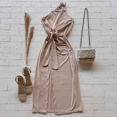 Dondoca_com_br Vestido Midi Um Ombro So Com Fenda E Nozinho Na Cintura Bege