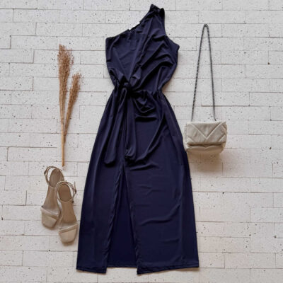 Dondoca_com_br Vestido Midi Um Ombro So Com Fenda E Nozinho Na Cintura Marinho