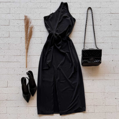 Dondoca_com_br Vestido Midi Um Ombro So Com Fenda E Nozinho Na Cintura Preto