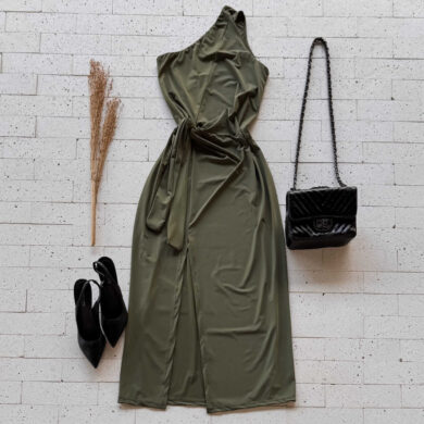 Dondoca_com_br Vestido Midi Um Ombro So Com Fenda E Nozinho Na Cintura Verde Oliva